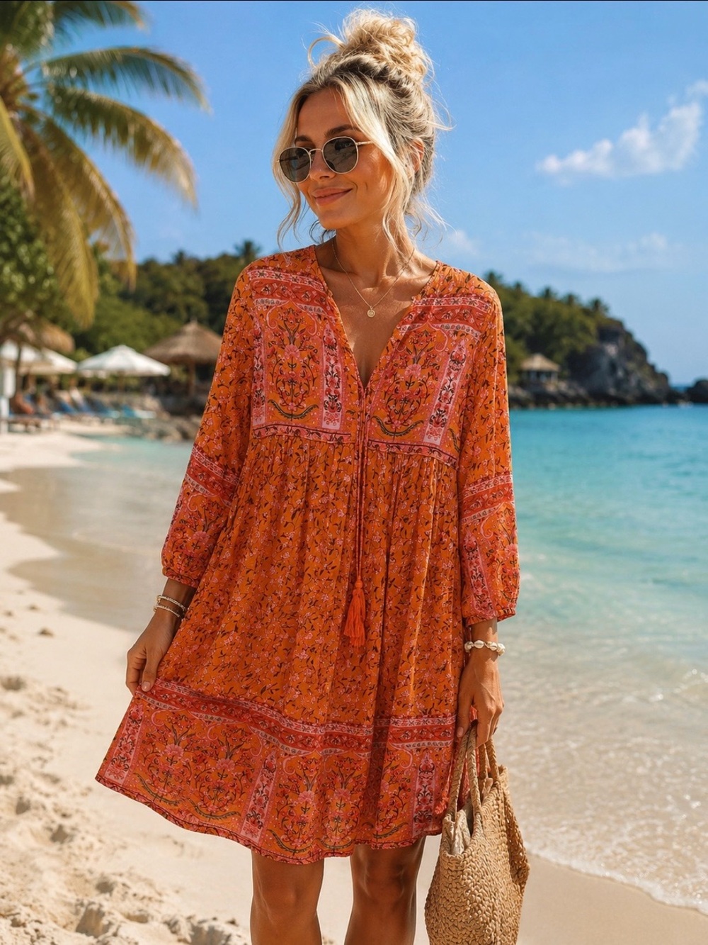 Boho Orange Floral Midi Dress with Tassel Tie
